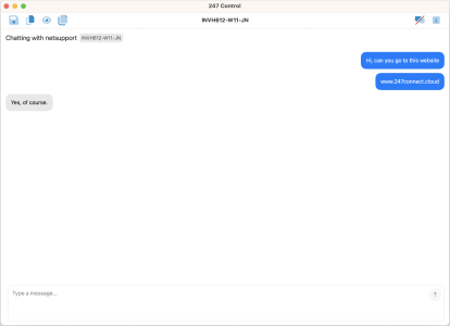247connect chat window on macOS. The user has sent two blue chat messages asking the Agent to visit a website, and the Agent has replied with “Yes, of course.” The message input box is visible at the bottom of the window.